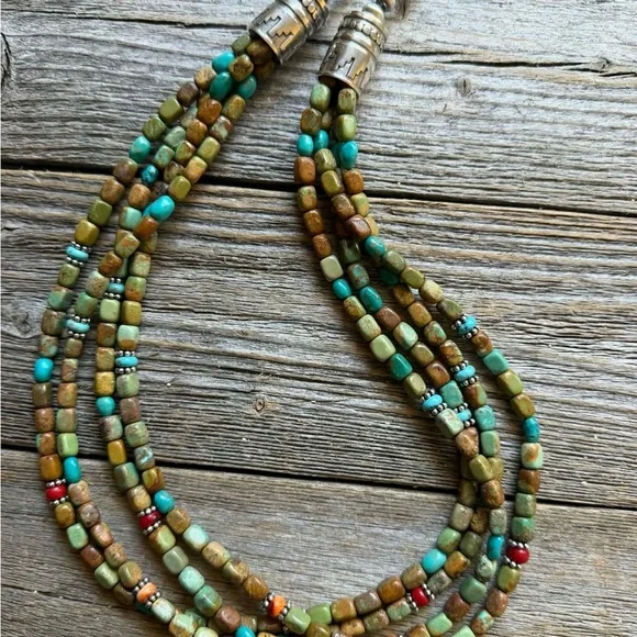 Sterling silver sourhwestern blue green turquoise multistrand necklace 24 inch